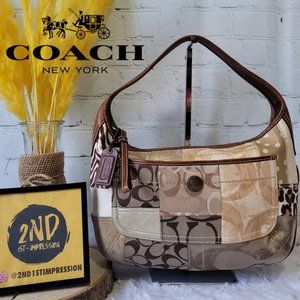 COACH 10808 Ergo Patchwork Leather Canvas Suede Hobo in Earth Tone Brown Color